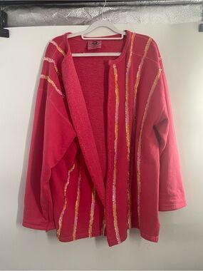 Authentic Pigment Dyed Cotton Open-Front Red Sweater with Textured Stripe Detail